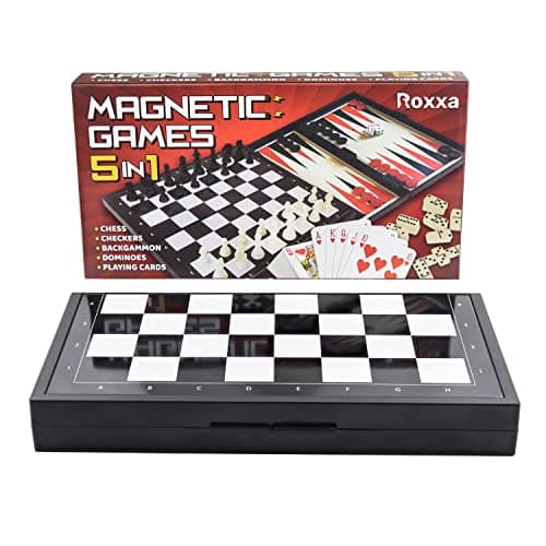 Image of 5 in 1 Mini Board Games Set: Magnetic Chess, Draughts, Checkers, Dominoes, Backgammon, Playing Cards