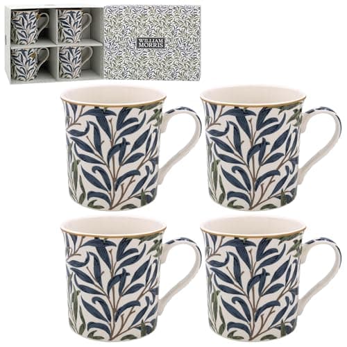 Image of Lesser & Pavey Willow Bough Coffee Mugs Set of 4 | Ceramic for Home Use | William Morris Design for Hot Drinks | Perfect Tea and Coffee Cups for Any Kitchen
