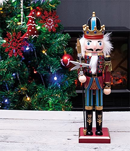 Image of St Helens Home & Garden Nutcracker with Staff Christmas Decoration 30cm Height - Wonderfully Festive with Vibrant Colour Detail