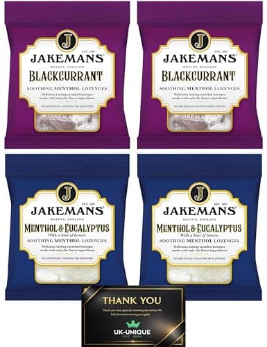 Image of Jakemans Menthol Cough Drops 4 x Lemon & Honey | Soothing Herbal Lozenges for Cough Relief, Sore Throat, Congestion | Natural Vapour Action Hard Candy (4 Pack) (Blackcurrant & Menthol)