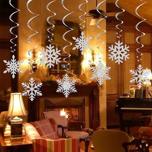 Image of 32 Pcs Christmas Snowflake Ceiling Decorations, 11.6 Inch X 10.2 Inch Silver Snowflake Decoration, Christmas Hanging Swirls Decorations for Xmas New Year Holiday Party Decoration