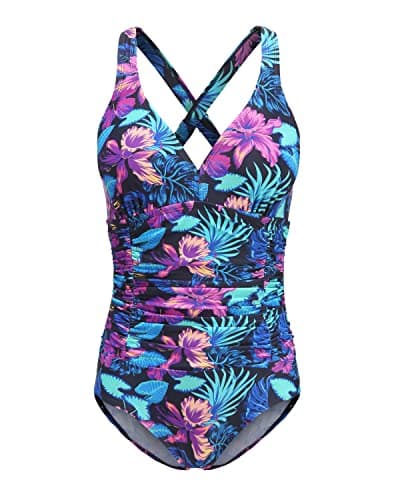 Image of FLYRONG Swimming Costume for Women V Neck One Piece Tummy Control Swimsuits for Women Swimwear (Printed- Purple Orchid, X-Large)