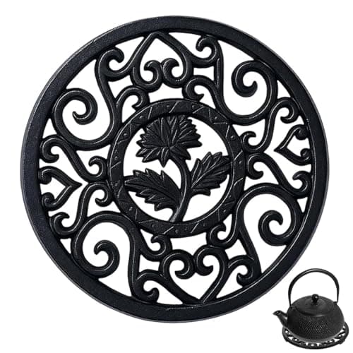 Image of Vintage Cast Iron Trivet with Pegs, 12cm Round Metal Hot Plate Holder - Rustproof Stand for Pots, Pans & Teapots, Retro Kitchen Countertop Protector (Black, 1 Pack)