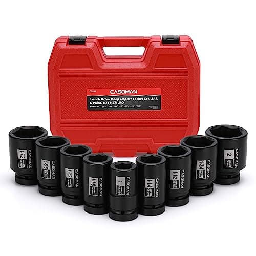 Image of CASOMAN 1-Inch Drive Spindle Axle Nut Impact Socket Set, Deep, 1" to 2", 9PCS Impact Large Socket Set, 6-Point, SAE, CR-MO