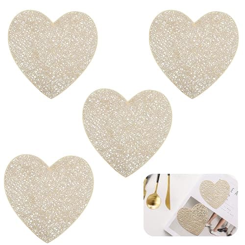 Image of Gold Coasters Set of 4, Round Drink Coasters with Heart Geometric Design, Heat Resistant Cup Mats for Hot & Cold Drinks, Non-Slip for Surface Care, Coffee Table, Kitchen & Office
