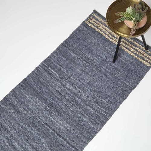 Image of HOMESCAPES Grey Genuine Leather Runner Rug Handwoven Stripe Design Recycled Eco Friendly Real Leather Rug for Hallways, 66 x 200 cm