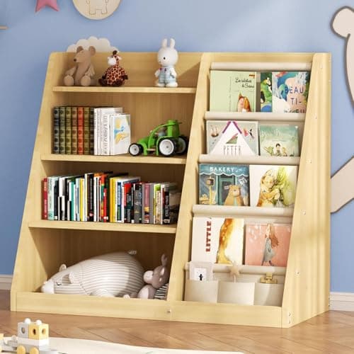 Image of EXPERLAM Kids Bookshelf and Toy Storage Organizer, 4 Tier Wooden Kids Book Shelf with Sling Book Rack in Kids Room Playroom Nursery for Kids, Children, Toddlers