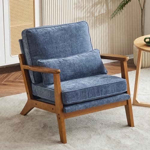 Image of Bonnlo Accent Chair, Soild Wood Padding Lounge Armchairs, Occasional Reading Chair with Cushions and Lumbar Pillow, Armchairs for Living Room, Bedroom, Guest Room,Wide Arm, Chenille, Sea Blue
