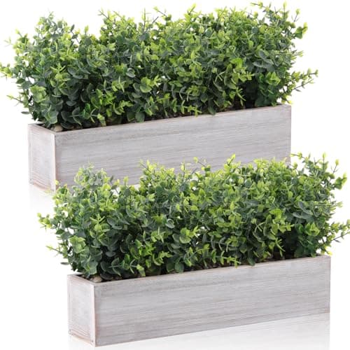 Image of Lyrow 2 Pack Artificial Eucalyptus Plant in Rustic Rectangular Wooden Planter Box Greenery Faux Potted Herb Plant for Indoor Wedding Table Centerpiece Decor(Classic Color,16.1 x 3.7 x 8.7 Inches)