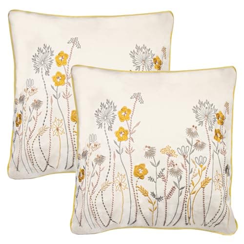 Image of ELANE Embroidered Pillow Covers - Decorative Floral Throw Cushions 18x18 Inch for Couch, Office, Living Room, Sofa, Bed, Car (White, 2 Pack)