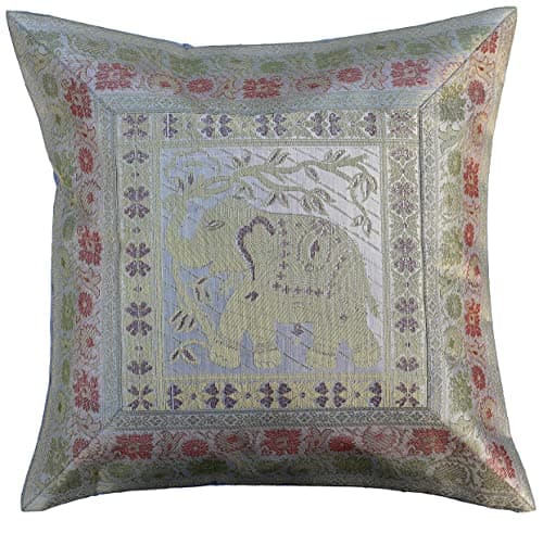 Image of Original Kikan Indian Elephant Mandala Silk Cushion Covers Sari Brocade Boho Home Decor Cushion- Pillow Cases 16”x16” Zip Closure Banarsi | Ethnic - Handmade - Patchwork (Silver Grey)