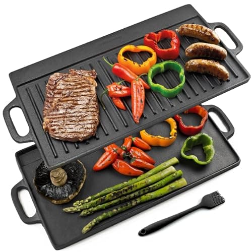 Image of Andrew James Reversible Cast Iron Griddle Pan with Enamel Coating - Non-Stick Grill Plate & Skillet Pan for BBQ, Induction Hob, Gas Hob, Oven & Flat Top Grill - Durable Grilling Skillet Pan with Brush