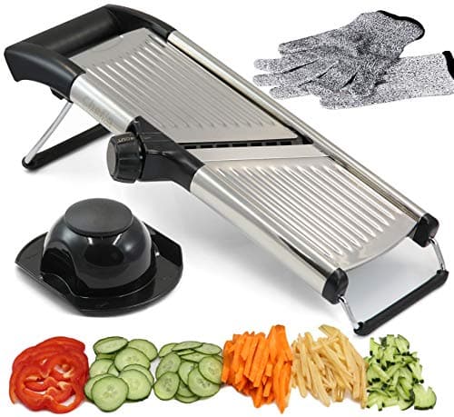Image of Adjustable Mandoline Vegetable Slicer by Chef's INSPIRATIONS. Best for Slicing Food, Fruit and Vegetables. Mandolin Slicer Julienne Cutter. Cut Proof Gloves. Stainless Steel