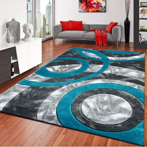 Image of PHP Large Rugs for Living Room - Super Soft Fluffy Shaggy Area Rug with Beautiful Circle Design Non Slip Bedroom Carpet Mat - Teal, 160 x 230 cm
