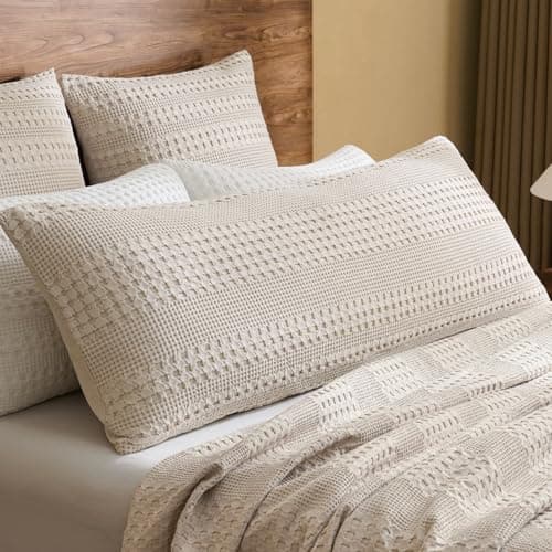 Image of PHF 100% Cotton Waffle Body Pillowcase with Zipper, 1 Pack 20" X 54" Soft Breathable Skin-Friendly Pillow Sham, Decorative Waffle Weave Body Pillow Cover, No Filling, Oatmeal