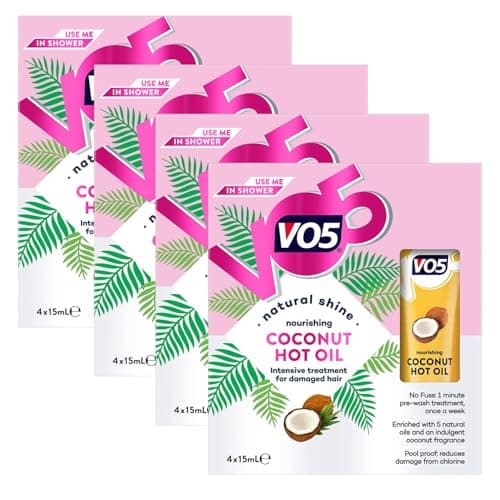 Image of VO5 Nourishing Coconut Hot Oil Natural Shine and Intensive Pre Wash Treatment for Dry and Damaged Hair Reduces Breakage from Brushing also Suitable for Colour-Treated Hair, 4x15ml (Buy 4)