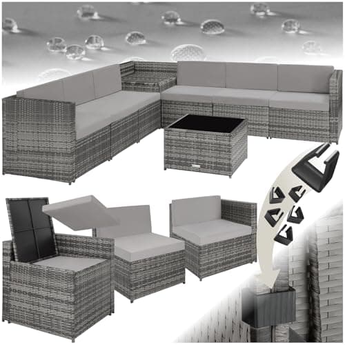 Image of tectake® Rattan Garden Furniture Set with 6 Chairs, 1 Table and 1 Garden Storage Box, Outdoor Patio Furniture, Conservatory Chairs and Table Set, Modular Sofa for Garden, Balcony, Patio - grey