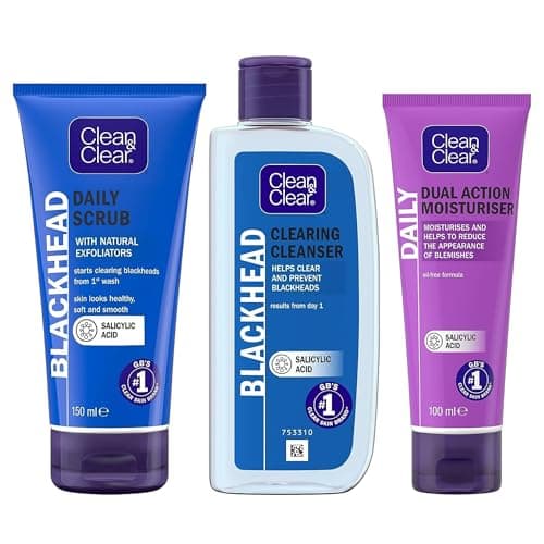 Image of Clean & Clear Blackhead-Fighting Bundle | Daily Scrub, Clearing Cleanser & Dual Action Moisturiser | With Salicylic Acid for Clearer Skin | Reduces Blackheads & Blemishes | 3-Step Skincare Kit