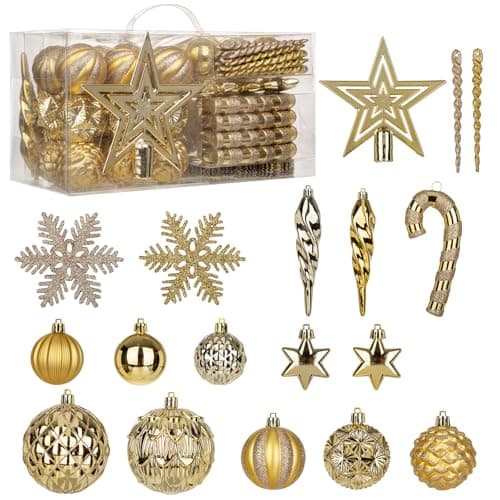 Image of 80 PCS Christmas Baubles Set Glitter Shatterproof Bauble Ornaments with Star Tree Topper, Snowflakes, Candy Canes and Hanging Balls for Christmas Tree Decorations Xmas Wreath Garland, Champagne Gold