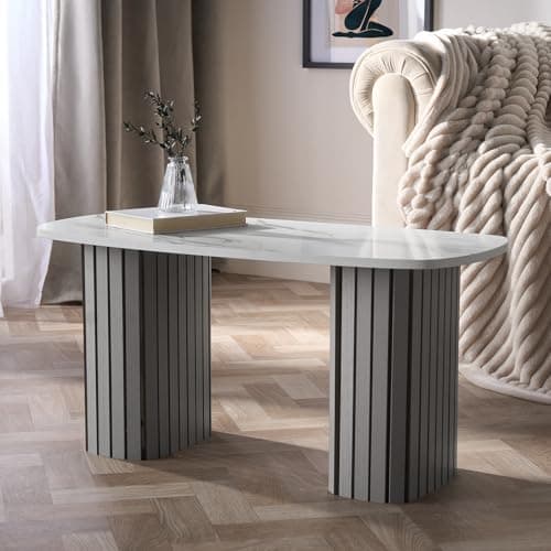 Image of OHS Wooden Coffee Tables for Living Room, White Top Marble Coffee Table Grey Madison Ribbed Wood Frame Decorative Small Centre Table for Home Office, 85 x 40 x 41cm