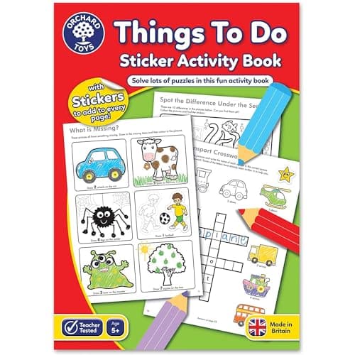 Image of Orchard Toys Things To Do Sticker Colouring Book, Educational Colouring and Activity Book, Perfect for Kids Age 5 Years +, Ideal for Parties, 21cm x 2cm x 29cm