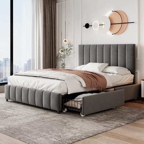 Image of BTM 4FT6 Upholstered Double Bed Frame with 4 Drawers, Adjustable Headboard and Metal-Wood Support, Grey Velvet (No Mattress), 135x190cm