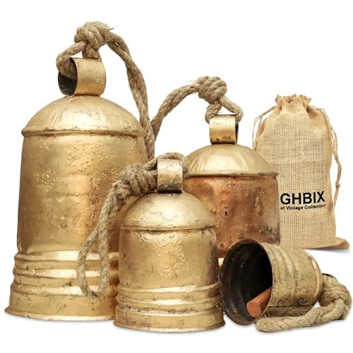 Image of Vintage Brass Bells Set of 4 Rustic Antique Golden Finish Metal Hanging Bells with Natural Jute Rope – Outdoor Garden Wind Chimes, Farmhouse, Holiday, Christmas, Porch & Home Decor