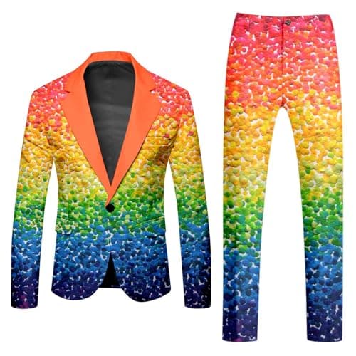 Image of Mymyguoe Neon Coloured Suit 2-Piece Men's Slim Fit Suit Jacket Suit Trousers Two Piece Set Funny Novelty Rainbow Suit Blazer Set Neon Theme Party Outfit Disco Night Club Performance Costume Set, 03