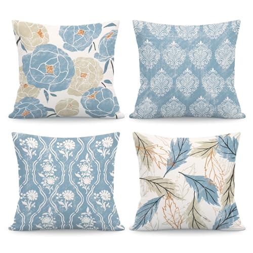 Image of NymphFable Blue White Vintage Floral Cushion Covers Pack of 4, Classic Botanical Velvet Throw Pillow Covers for Sofa Living Room Bedroom Decor, 45x45cm