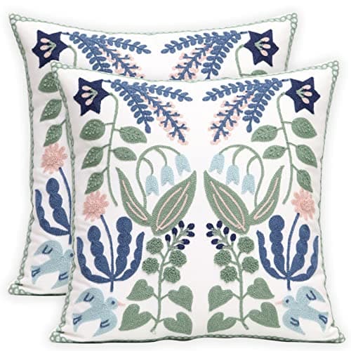 Image of Pilmandu Set of 2 Embroidered Decorative Throw Pillow Covers 45x45cm Couch Square Pillowcases Cushion for Bedroom Sofa Farmhouse Decor (Bird Flower)