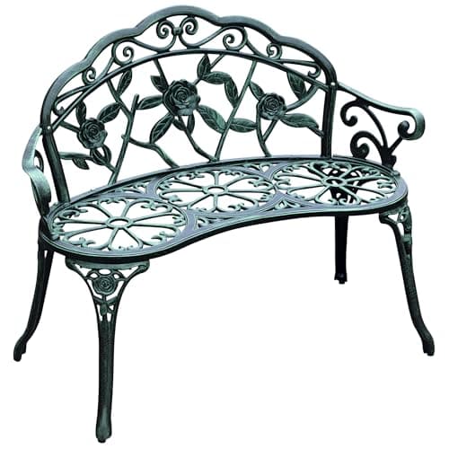 Image of Outsunny 2 Seater Garden Bench, Cast Aluminium Outdoor Garden Loveseat, Vintage Rose Style Outdoor Bench Seat with Back and Armrests for Patio, Porch, Park, Vintage Green