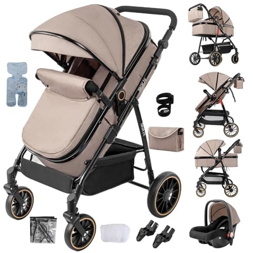 Image of Aveainelle 3 in 1 Baby Stroller, Travel System Reclining and Reversible, One-Click Folding Pushchair Pram, Infant Buggy with Complete Accessories, Front and Rear Wheel Dual Brake Mode (Khaki)