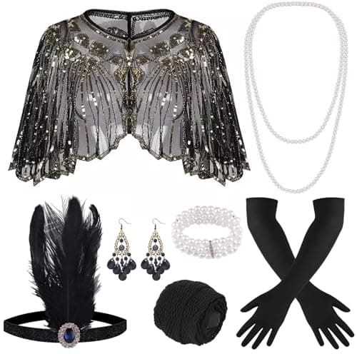 Image of ELFIN 10-Piece 1920s Flapper Great Gatsby Accessories Set Fashion Roaring 20's Theme Set with Headband, Headwear, Long Black Gloves, Necklace Costume Vintage Accessories Ladies