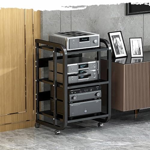 Image of 3-Tier Adjustable Multimedia Storage Shelf with Wheels, Ideal for Audio, Gaming Consoles & Recording Studio, Black, 50 x 42.5 x 7 cm - Versatile & Space-Saving Solution