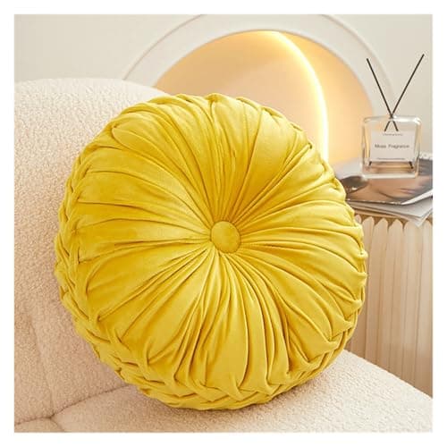 Image of Fylldso Round Pumpkin Cushion, Handcrafted Velvet Filled Throw Pillow, Pleated Decorative Cushion for Sofa, Bed, Chair, Floor, Car (Yellow)