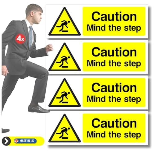 Image of Mind The Step Sign Stickers 4X Pack 200mm x 65mm – Health and Safety Self-Adhesive Vinyl Signs Waterproof Decals Indoor Outdoor, Made in UK by Printkings.