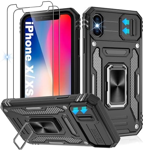 Image of Jshru for iPhone X Case with Screen Protector [2 Pack] and Slide Camera Cover,Shockproof iPhone XS Case,Ring Kickstand Phone Cover for iPhone X/XS,Black