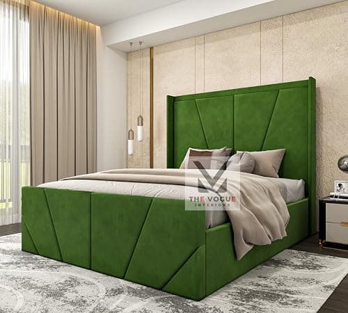 Image of THE VOGUE Interiors Winged Bed Frame | Plush Velvet Bed With Storage | Ottoman Storage Bed Frame | upholstered bed frame (Green Plush Velvet, 5FT KING)