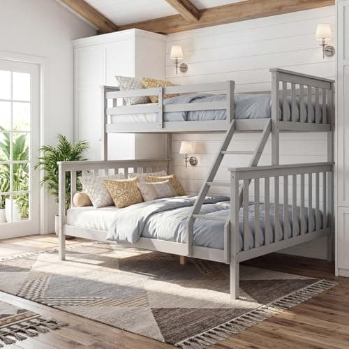 Image of Panana Single Over Double Wooden Bunk Bed Frame, 3FT+4FT6 Triple Sleeper Solid Pine Platform Bed,Can Separated Into Two Individual Beds(Grey, Triple2)