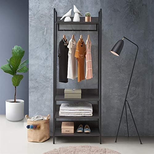Image of Timber Art Design UK Zahra Bedroom Double Open Wardrobe 4 Shelves Furniture Storage Cupboard Black