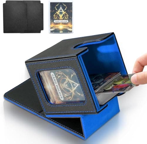 Image of IVODEELA Card Deck Box for MTG Commander,Magnetic Card Display Case with two Dividers,TCG Card Storage Box,PU Leather Trading Card Storage Box Holds 100 Double-Sleeved Cards,Black Blue