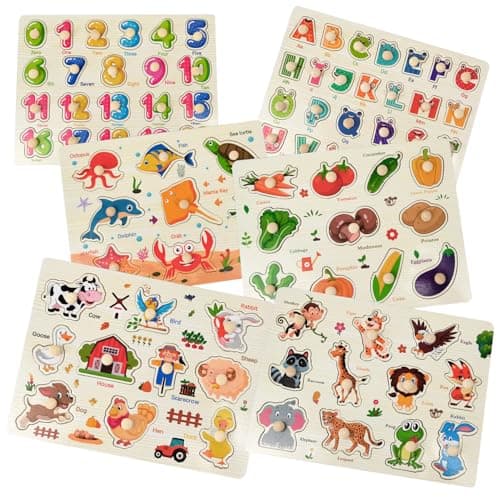 Image of 6 Pack Wooden Learning Puzzles with Handle for Kids, Numbers, Alphabet, Farm, Ocean, Animal, Vegetable Puzzles for Kids, Educational Montessori Learning Aid for Children
