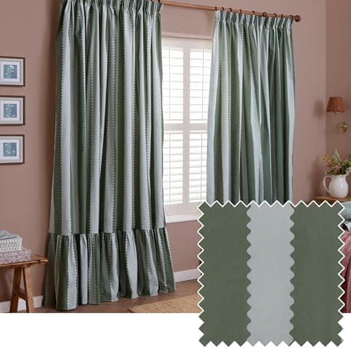 Image of furn. Wylder Birdie Stripe Pencil Pleat Curtain Pair – Ruffled Cotton Striped Room Darkening Curtains (Baygreen/Mist – Width 168 x Drop 137cm)