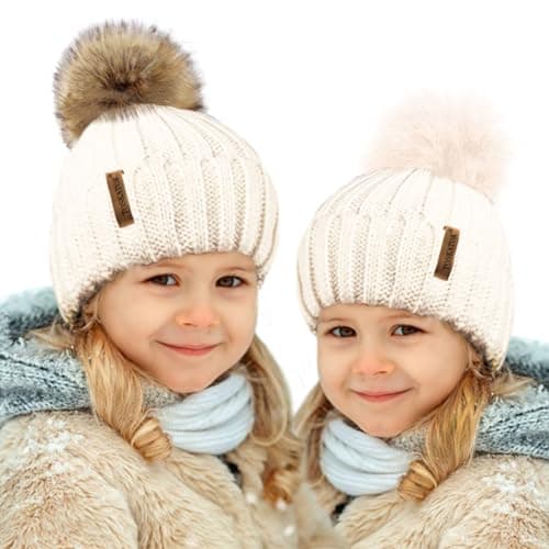 Image of TOSKATOK® Kids Girls Winter Beanie Bobble Hat with Detachable Changeable Faux Fur Pom Pom-Cream