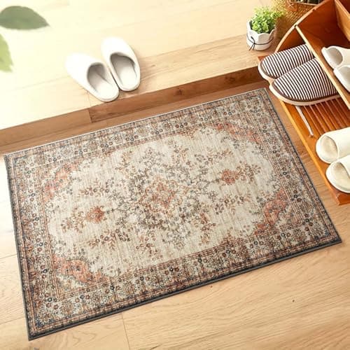 Image of Hafaa Machine Washable Bedside Small Rug 40x60 cm - Soft Short Pile Area Rugs For Bedroom Entrway Non Slip Floor Carpet Traditional Vintage Design Cashmere Door Mat For Kitchen Bathroom, Timeless