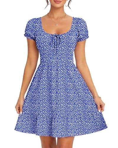 Image of AUSELILY Women Summer Dress Square Neck Ladies Dress Printed Puff Sleeves Casual Elastic Waist Minidress with Pocket Royal Blue Horseshoe M