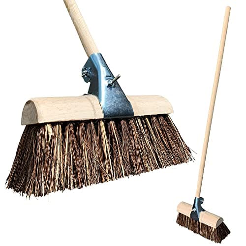 Image of Saddleback Yard Broom Outdoor Heavy Duty, 13” Saddle Broom Curved Top with Bassine/Cane Bristles, Metal Clamp, and Long Wooden Handle, Hard Bristle Cleaner for Stables & Farm Yards