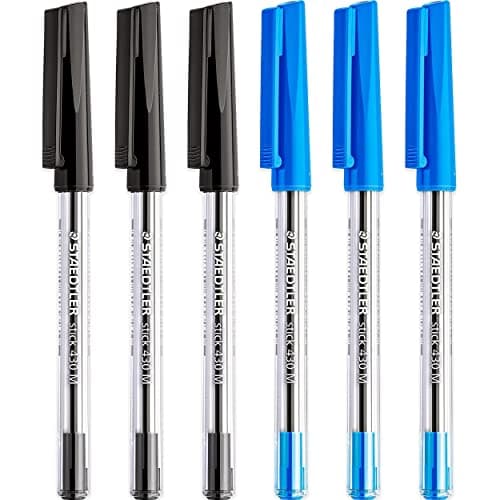 Image of STAEDTLER Medium 0.5mm 430 Stick Ballpoint Pens Writing Pen Smooth - Black & Blue Ink - Pack Of 6