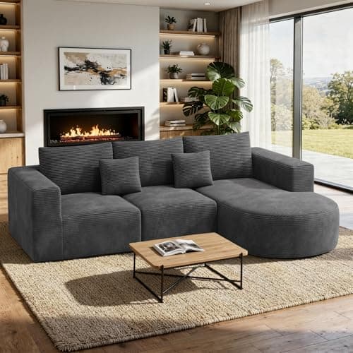 Image of Hawthyhome Sofa with Sleep Function, Frameless Corner Sofa, L-Shape Couch, Installation-Free Corduroy Fabric Corner Sofa with Right Chaise Lounge for Living Room, 3-Seater, 264 x 177 x 59 cm, Grey