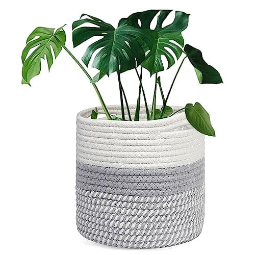 Image of tenn well 20cm Plant Pot with Liner, Cotton Indoor Planter Woven Storage Basket for Indoor Plants Flower Pot and Home Decoration (White and Grey)